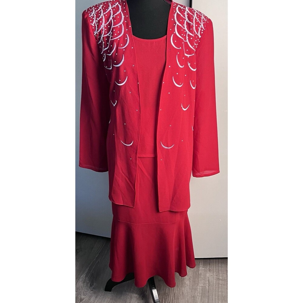 Vintage Red 3-Piece Skirt‎ Suit Set Women’s 14 Embellished Jacket & Flounce Hem